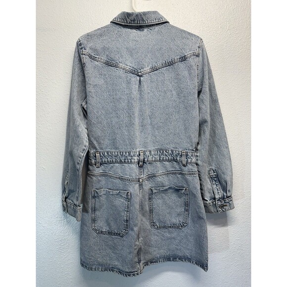 ZARA Denim Long Sleeve Button Up Jean Mini Dress Sz L Light Blue Wash w/ Pockets - Picture 11 of 16